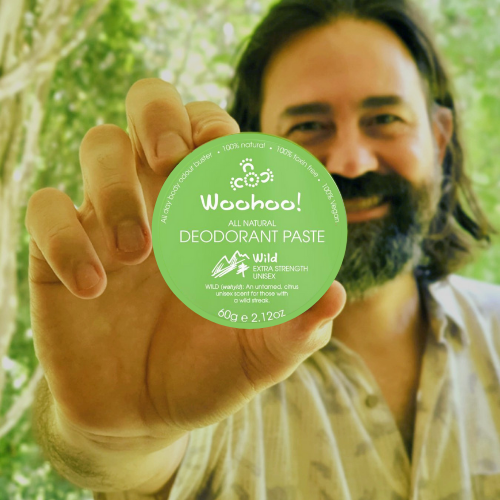 Eden Tree Eco Co-Creator Dan Kennedy holding can of Woohoo Body Natural Deodorant