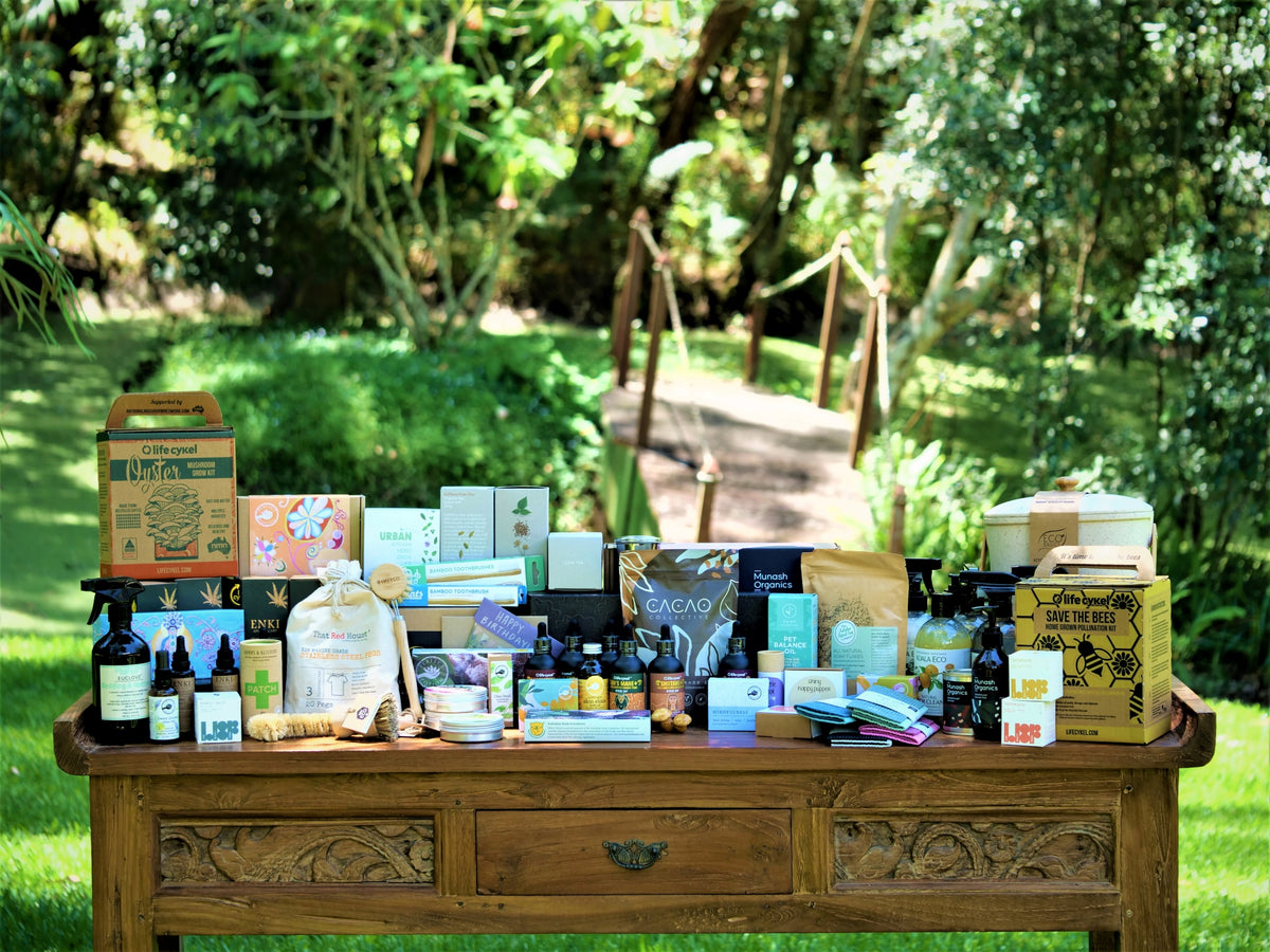 A small representation of goods stocked by Eden Tree Eco.  Taken in Co-creators Dan & Candice Kennedy's back yard, which directly backs onto the Mary Cairncross Nature Reserve in Maleny, Queensland.  Photo taken by Dan Kennedy