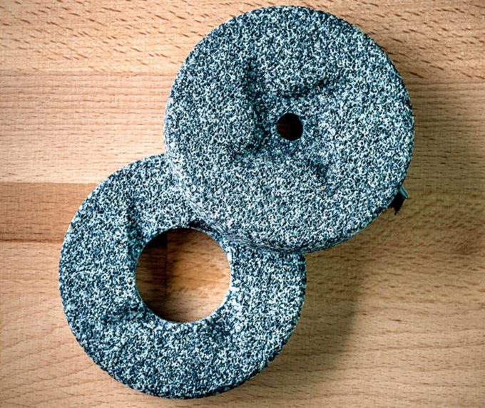 Two grinding mechanisms of corundum-ceramic milling stones (ø 90 mm) , precision engineered, self-sharpening, almost as hard as diamonds, and treated reasonably, they will last longer than we know how to count used to mill and ground in the Mockmill 100 and Mockmill 200 PRO
